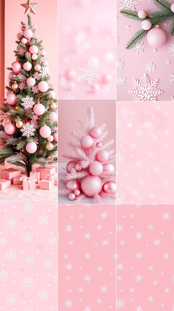 Aesthetic pink Christmas wallpapers showcasing festive designs with snowflakes, Christmas trees, and ornaments.